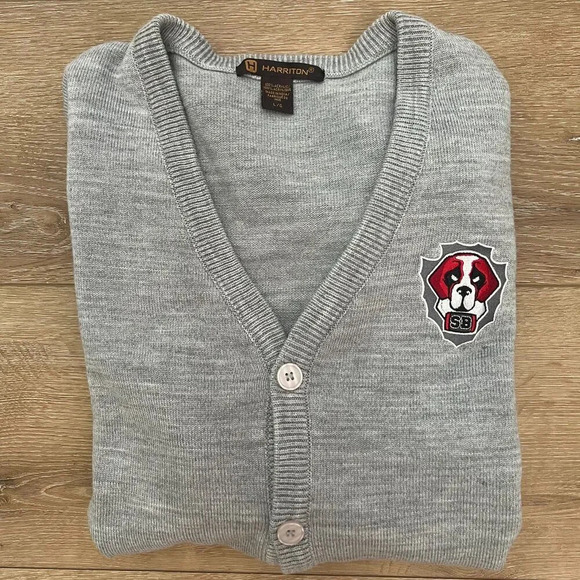 Harrington Oversized Dad Cardigan with Patch Gray Size Large - Picture 1 of 6